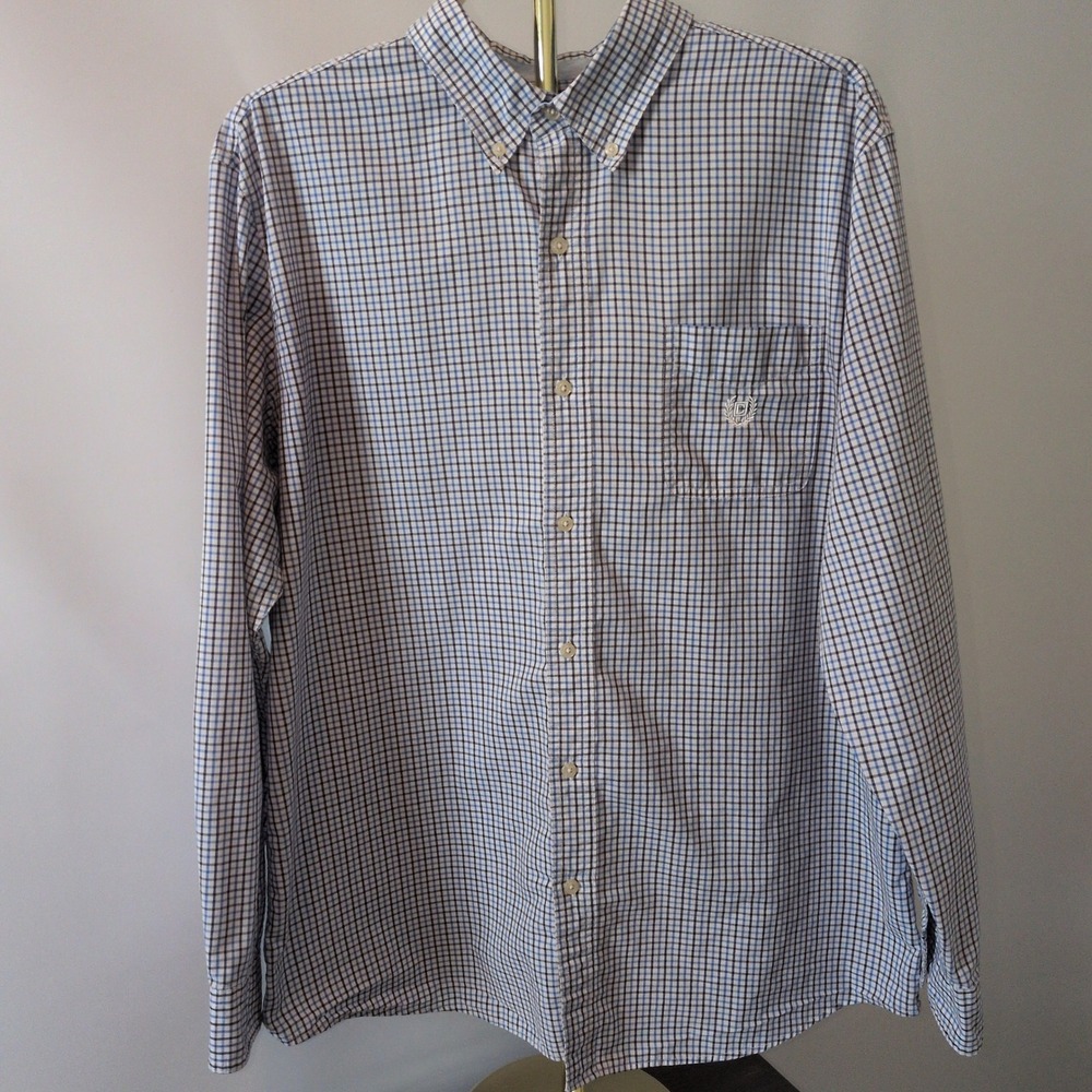 Chaps Button Down Shirt Mens XL Blue White Plaid Easy Care Long Sleeve Casual